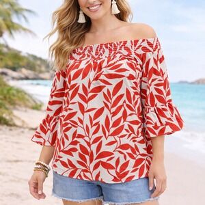 Ava & Grace Smocked Blouse Red White Tropical Leaf Boho Women's L Ruffle Sleeve